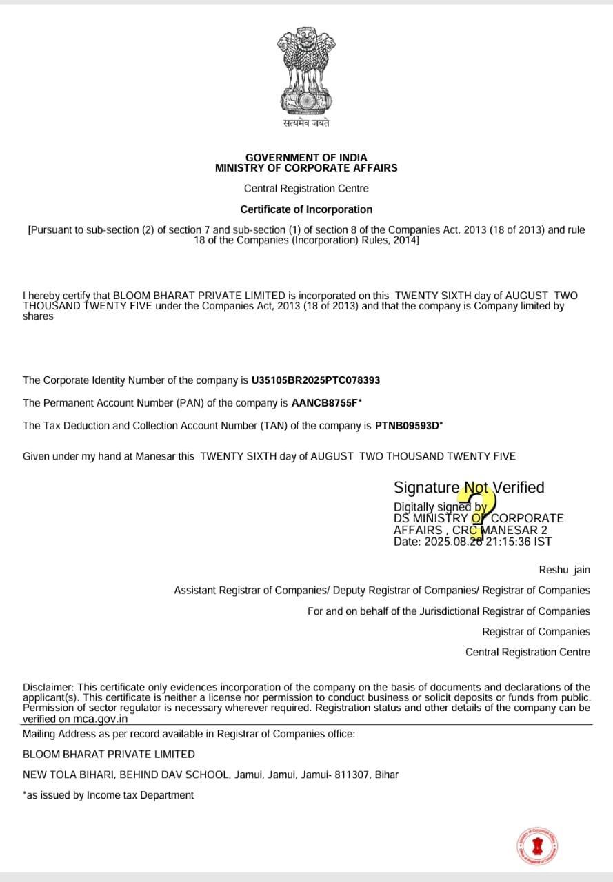 MCA Certificate of Incorporation Bloom Bharat